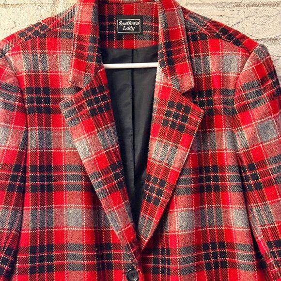 Southern Lady Vintage Red Plaid Wool Blend Blazer โ Size 14 โ Made in USA - Picture 1 of 11